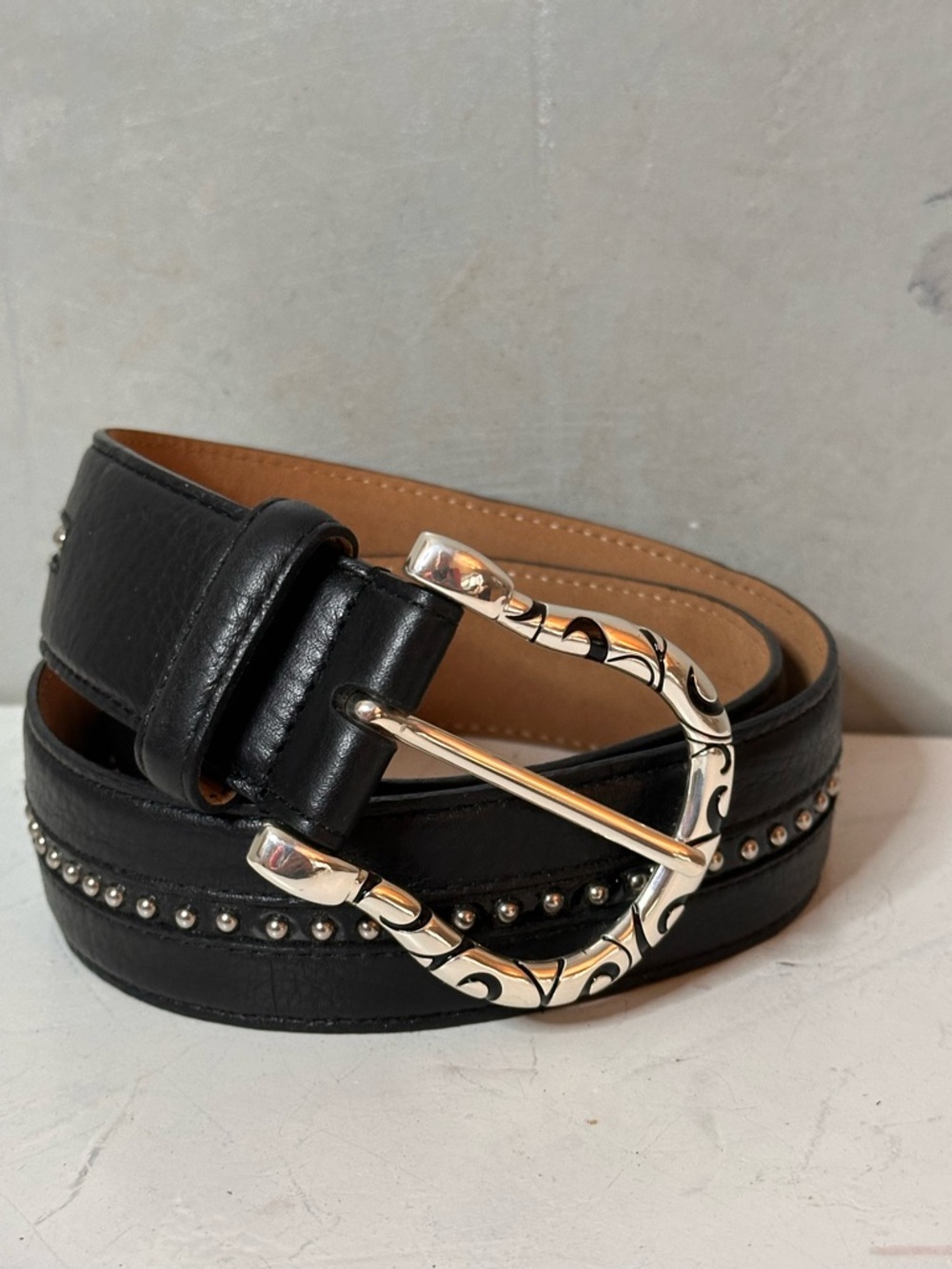 Brighton B31493 Femme Fatale Black Leather Studded Belt Size 34 Scroll Buckle